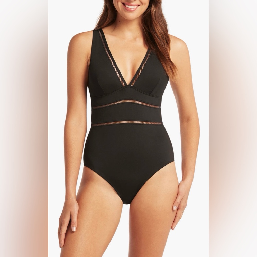 NWT Sea Level Black Spliced Women's One-Piece Swimsuit Coastal Vacation Swimwear